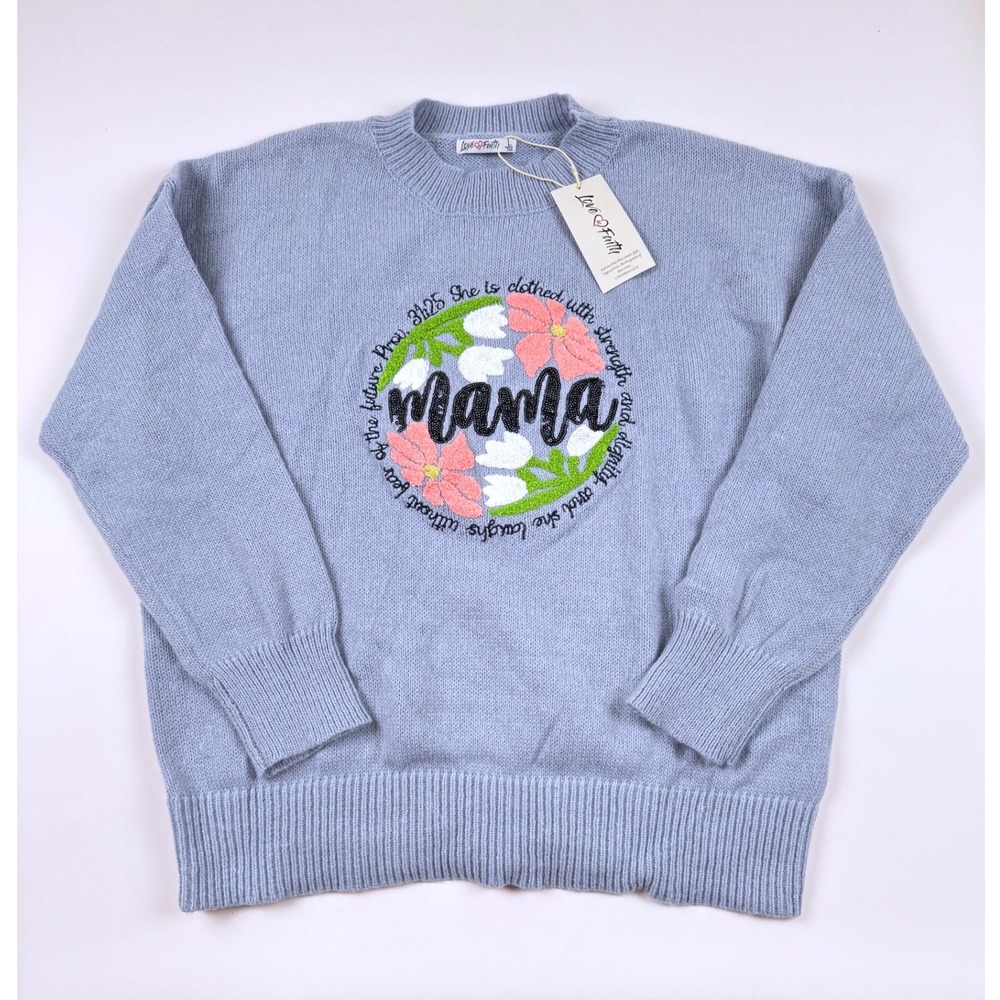 Love In Faith Mama Proverbs 31 Embroidered Sweater Blue/Gray Size Large‎